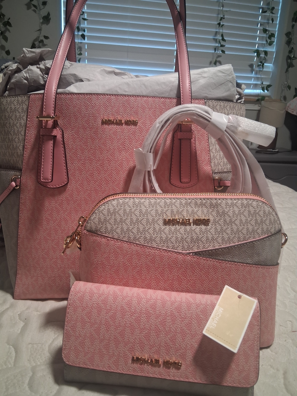 Michael Kors Pink and Silver Tote, Crossbody & Wallet Set